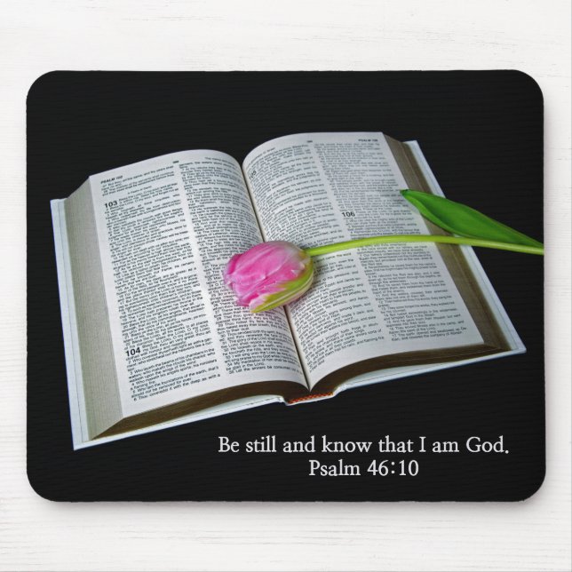 Alfombrilla De Ratón Salmo 46:10 Tulipán Rosa Sobre La Biblia (Frente)