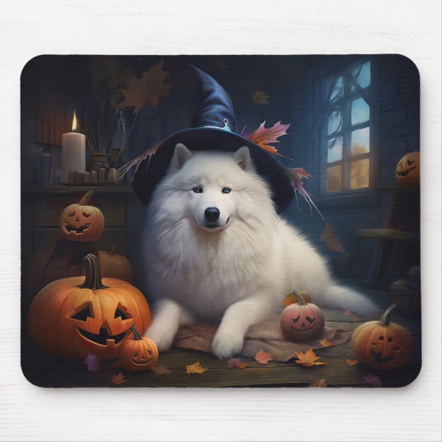 Alfombrilla De Ratón Samoyed Pumpkins Halloween Scary (Frente)