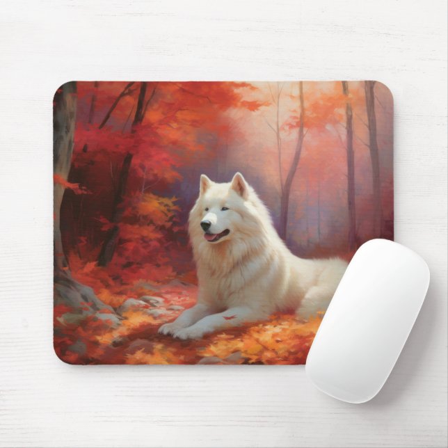 Alfombrilla De Ratón Samoyedo en otoño hojas caídas inspiran (Con ratón)