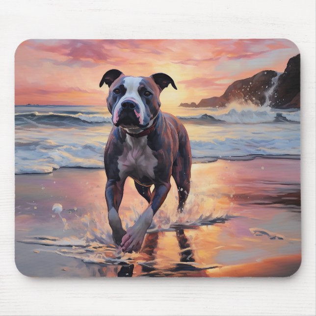 Alfombrilla De Ratón Sandy American Staffordshire Dog on Beach Sunset (Frente)