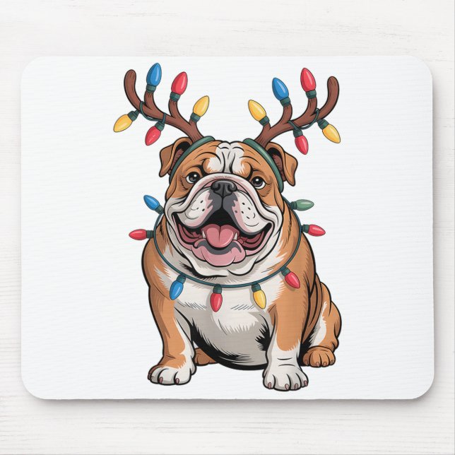 Alfombrilla De Ratón Santa English Bulldog Reindeer Light Christmas  (Frente)