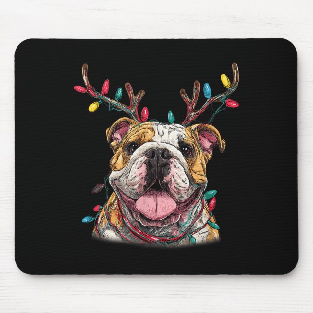 Alfombrilla De Ratón Santa English Bulldog Reindeer Light Christmas  (Frente)