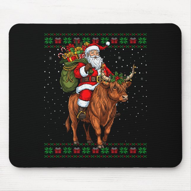 Alfombrilla De Ratón Santa Riding Highland Cow Ugly Christmas Sweater  (Frente)