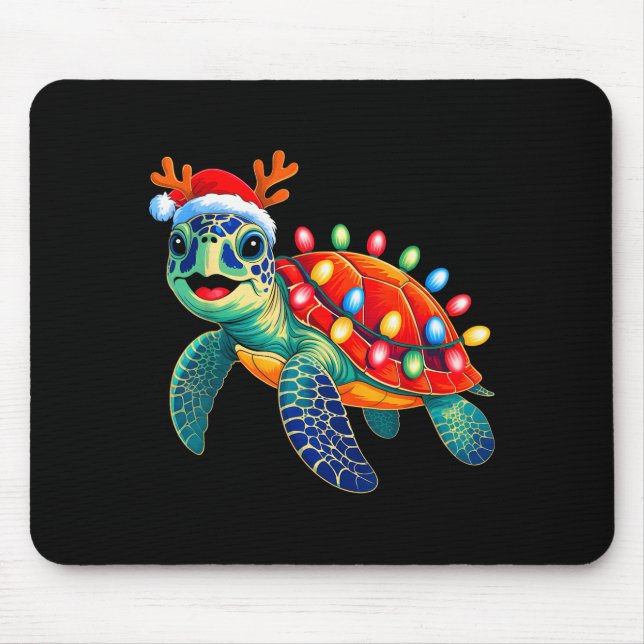 Alfombrilla De Ratón Sea Turtle Christmas Lights Santa Hat Xmas Family  (Frente)