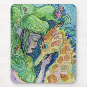 Alfombrilla De Ratón Seahorse Whisperer Mermaid acuarela arte