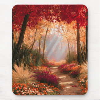 Alfombrilla De Ratón Sendero del bosque otoñal Luz dorada del sol Paisa