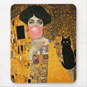 Alfombrilla De Ratón Señora de la goma de mascar rosa con gato negro Gu