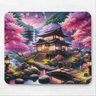 Alfombrilla De Ratón Serene Jardín Japonés en la pintura al atardecer