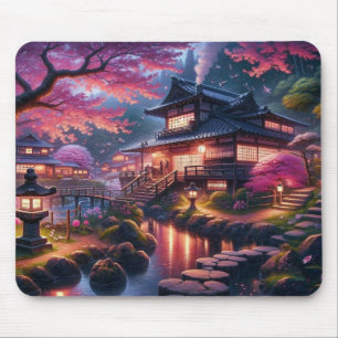 Alfombrilla De Ratón Serene Jardín Japonés en Pintura de Crepúsculo