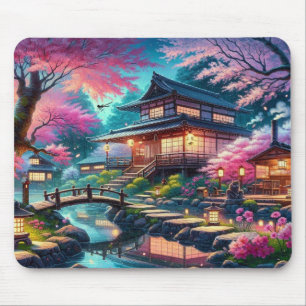 Alfombrilla De Ratón Serene Jardín Japonés en Pintura de Crepúsculo