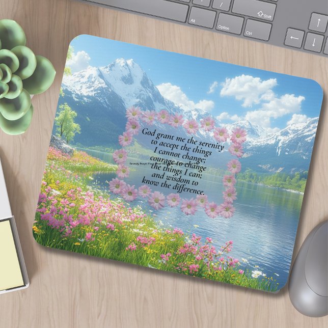 Alfombrilla De Ratón Serenity Prayer Floral Heart With Mountain View (Mountain View With Wildflowers Serenity Prayer Mouse Pad.)