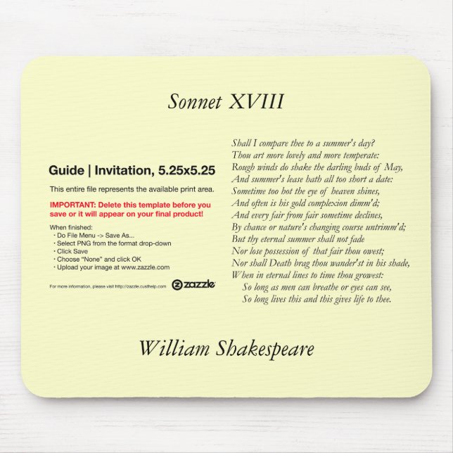 Alfombrilla De Ratón Shakespeare Sonnet # 18 (Frente)