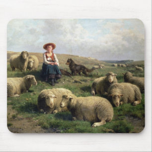 Alfombrilla De Ratón Shepherdess con las ovejas en un paisaje