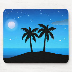 Alfombrilla De Ratón Silhouette de isla tropical con luna y estrellas