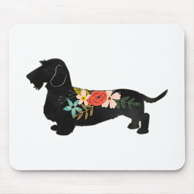 Alfombrilla De Ratón Silhouette floral de cabello alambrado Dachshund B (Frente)