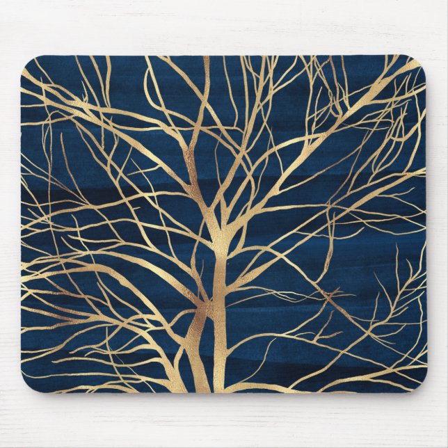 Alfombrilla De Ratón Silhouette moderna de árbol de oro Diseño azul mín (Frente)