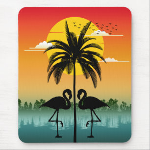 Alfombrilla De Ratón Silueta de puesta de sol Amante de flamencos Vibra