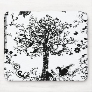 Alfombrilla De Ratón Silueta negra y blanca de la mariposa del árbol