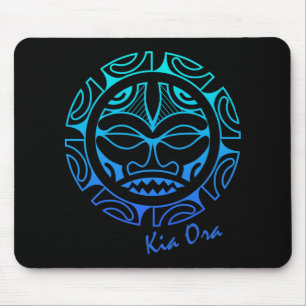 Alfombrilla De Ratón Símbolo de cara cultural azul, baile Haka Kia Ora