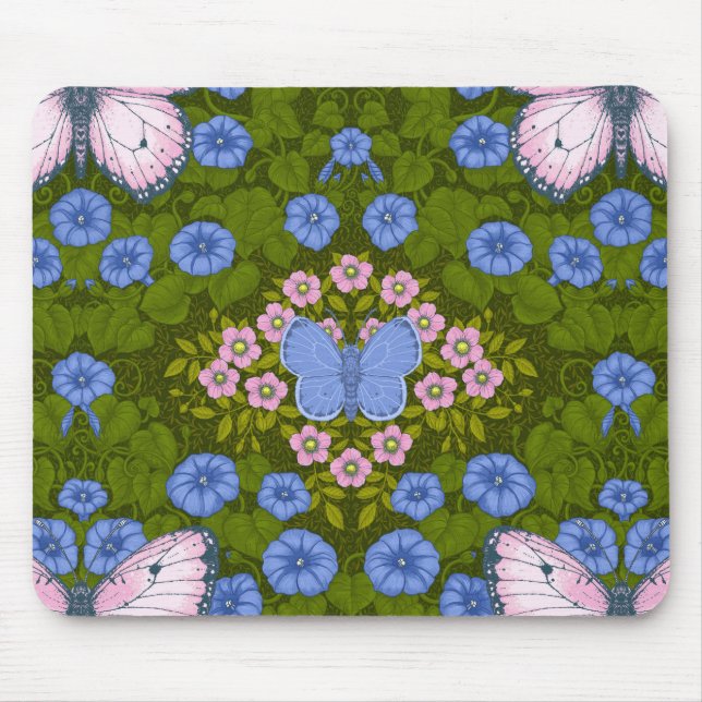 Alfombrilla De Ratón Simetría de mariposas y flores, azul y rosa (Frente)
