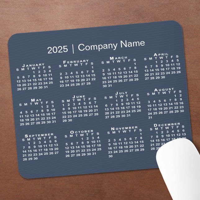 Alfombrilla De Ratón Simple 2025 Calendar Company Name on Navy Blue (Simple 2025 Calendar Company Name on Navy Blue Mouse Pad in situ)
