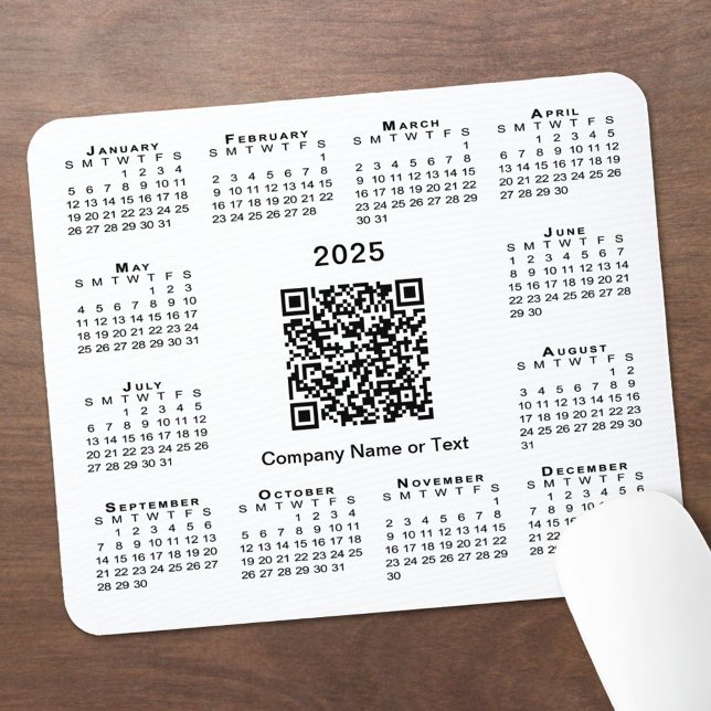 Alfombrilla De Ratón Simple 2025 Calendario Empresa Código QR en blanco (Simple 2025 Calendar Business QR Code on White Mouse Pad in situ)
