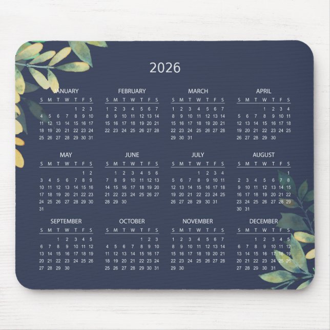 Alfombrilla De Ratón Simple Elegant Botanical 2026 Calendar | Mousepad (Frente)