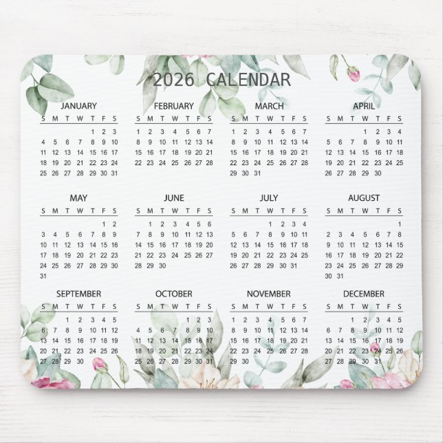 Alfombrilla De Ratón Simple Elegant Botanical 2026 Calendar | Mousepad (Frente)