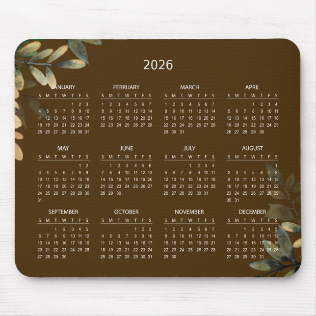 Alfombrilla De Ratón Simple Elegant Botanical 2026 Calendar | Mousepad (Frente)