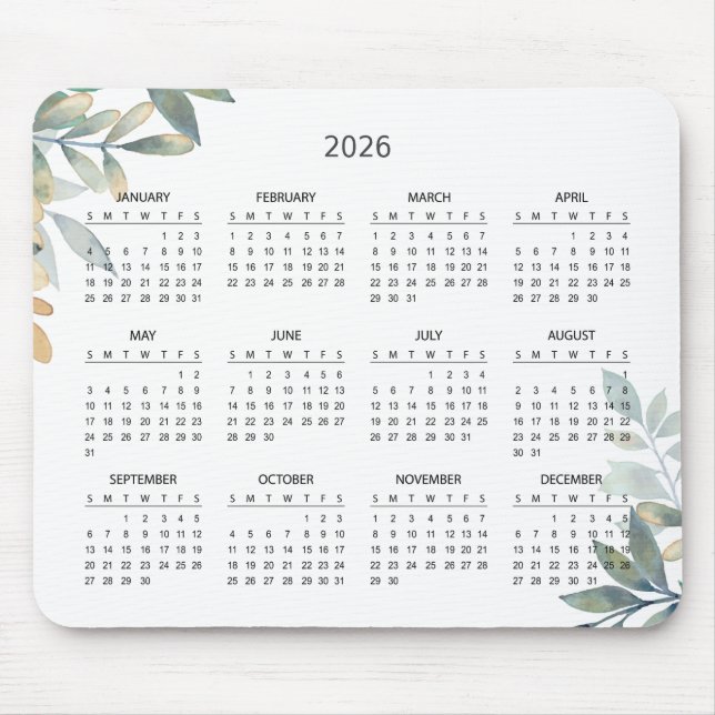 Alfombrilla De Ratón Simple Elegant Botanical 2026 Calendar | Mousepad (Frente)