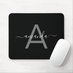 Alfombrilla De Ratón Simple Elegante Agrega tu Nombre y Monograma Negro