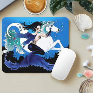 Alfombrilla De Ratón Sirena oscura Hada Unicornio Caballo de mar Azul F