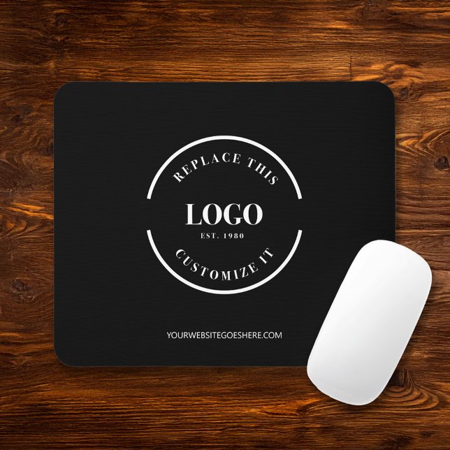 Alfombrilla De Ratón sitio web del logo blanco del negocio del personal (Your logo goes here black mouse pad with white business logo and website for giveaways)
