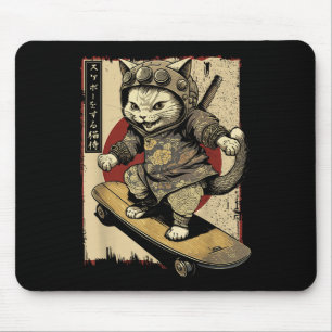 Alfombrilla De Ratón Skateboard japonés samurai Cat Tattoo Kawaii Ninj