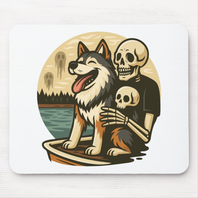Alfombrilla De Ratón Skeleton with Dog on Haunted Lake Horror Art (Frente)