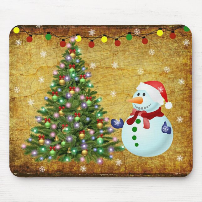 Alfombrilla De Ratón Snowman, árbol de Navidad (Frente)