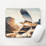 Alfombrilla De Ratón Soaring Bald Eagle at Sunrise<br><div class="desc">A bald eagle soars gracefully over a picturesque mountainous landscape at sunrise,  with a double-exposure effect,  and sun rays create a halo around the eagle,  adding a sense of majesty</div>