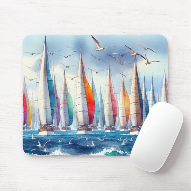 Alfombrilla De Ratón Soaring Seagulls With Sailboat Regatta (Con ratón)