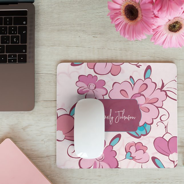 Alfombrilla De Ratón Soft Pink Teal Floral Monogram Design Custom Name (Soft Pink Teal Floral Monogram Design Custom Name Mouse Pad)