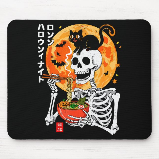 Alfombrilla De Ratón Soky Skeleton Eating Ramen Bowl With Cat Halloween (Frente)