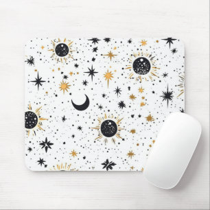 Alfombrilla De Ratón Sol Luna Estrellas Celestiales de Negro y Dorado