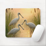 Alfombrilla De Ratón Spoonbill Birds In Wetland<br><div class="desc">Three spoonbill birds are standing in the wetland water,  surrounded by cattails,  during a glowing golden hour sunset</div>
