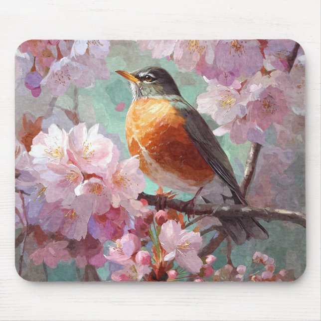 Alfombrilla De Ratón Spring Robin Pink Cherry Blossom Mousepad (Frente)