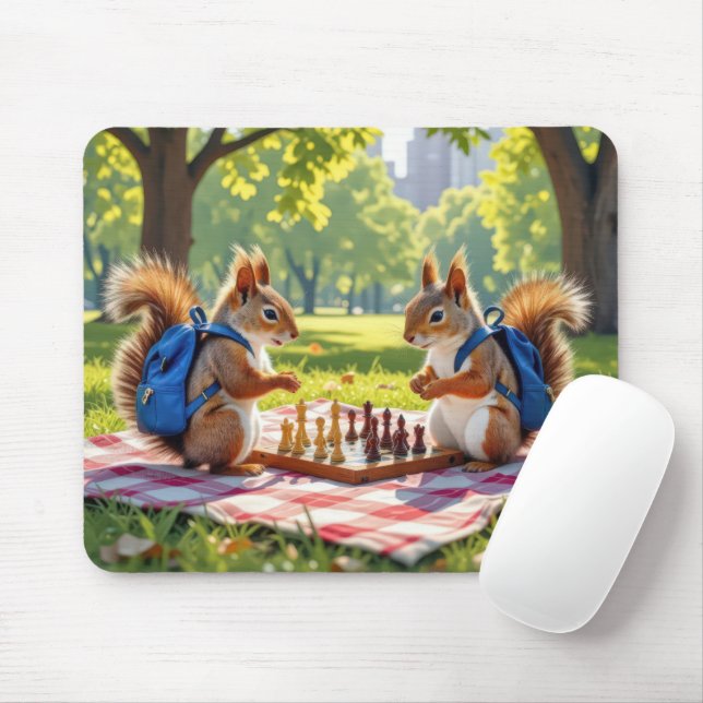 Alfombrilla De Ratón Squirrels Playing Chess In a City Park (Con ratón)