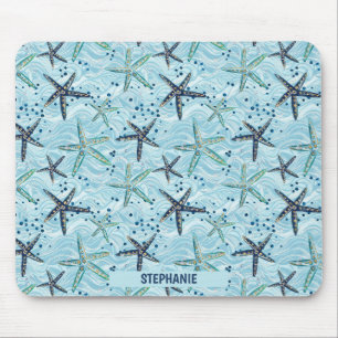 Alfombrilla De Ratón Starfish azul claro y dorado en el patrón de ola o