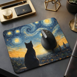Alfombrilla De Ratón Starry Night Overlook Black Cat & Twinkling Town 