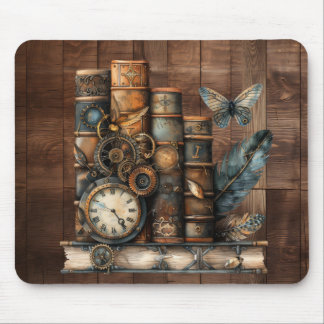 Alfombrilla De Ratón Steampunk Books Wood Background Mousepad