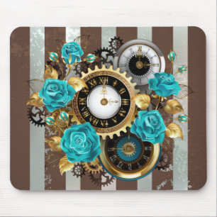 Alfombrilla De Ratón Steampunk Clock and Turquoise Roses on Striped
