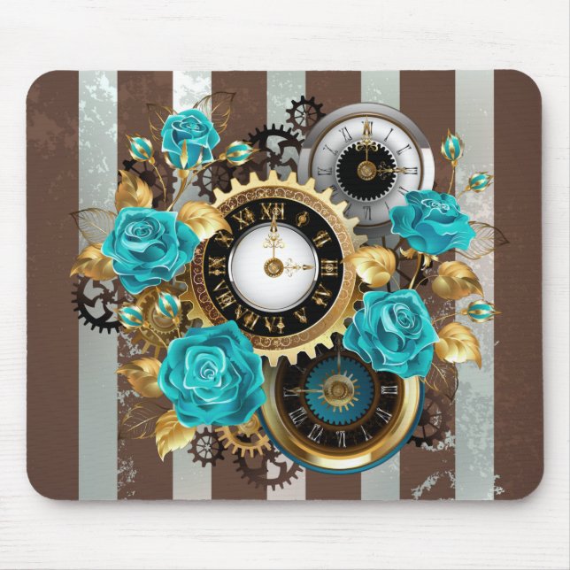 Alfombrilla De Ratón Steampunk Clock and Turquoise Roses on Striped (Frente)