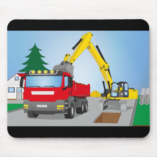 Alfombrilla De Ratón Straßenbaustelle mit rotem LKW und gelben Bagger (Frente)